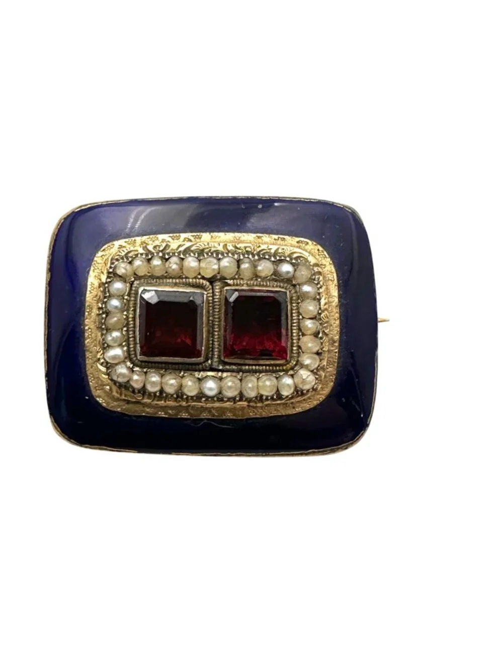 Antique Georgian 14K Gold Cobalt Blue Enamel Garnet Brooch Pin Circa 1830